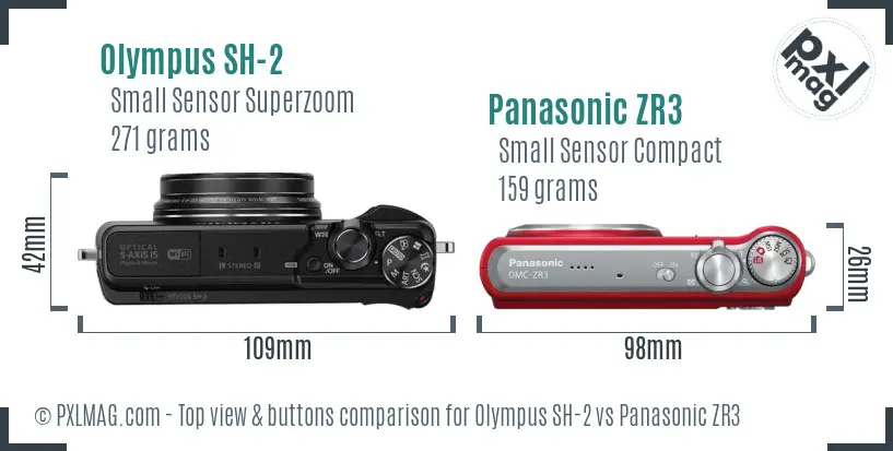 Olympus SH-2 vs Panasonic ZR3 top view buttons comparison