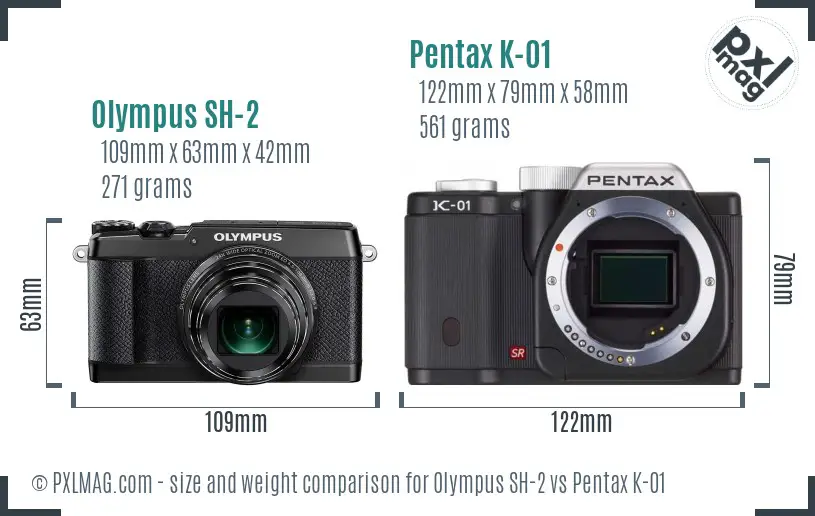 Olympus SH-2 vs Pentax K-01 size comparison