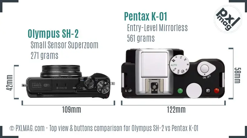 Olympus SH-2 vs Pentax K-01 top view buttons comparison
