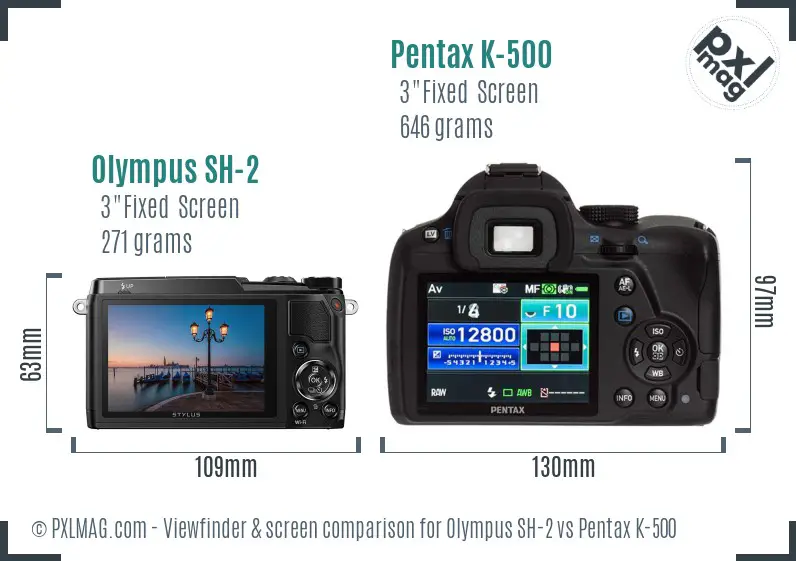 Olympus SH-2 vs Pentax K-500 Screen and Viewfinder comparison
