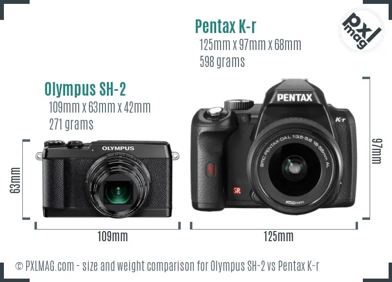 Olympus SH-2 vs Pentax K-r size comparison