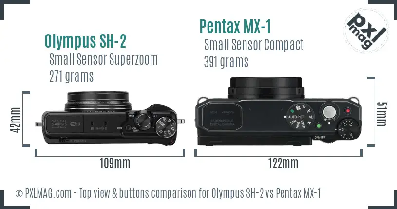 Olympus SH-2 vs Pentax MX-1 top view buttons comparison