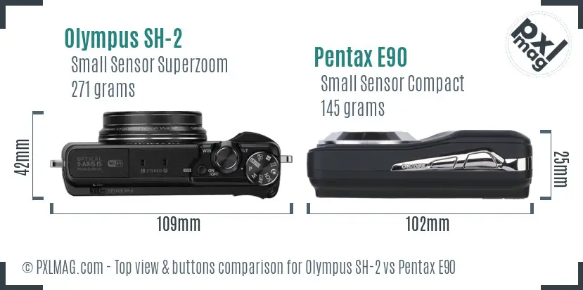 Olympus SH-2 vs Pentax E90 top view buttons comparison