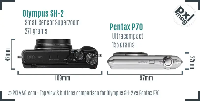 Olympus SH-2 vs Pentax P70 top view buttons comparison