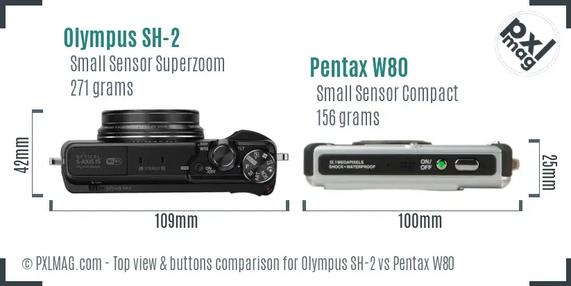 Olympus SH-2 vs Pentax W80 top view buttons comparison