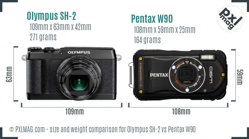 Olympus SH-2 vs Pentax W90 size comparison