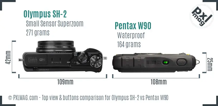 Olympus SH-2 vs Pentax W90 top view buttons comparison
