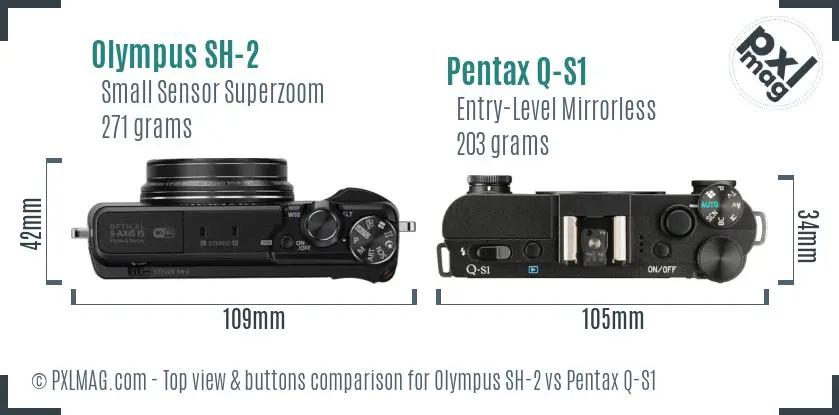 Olympus SH-2 vs Pentax Q-S1 top view buttons comparison