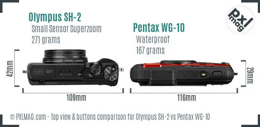 Olympus SH-2 vs Pentax WG-10 top view buttons comparison