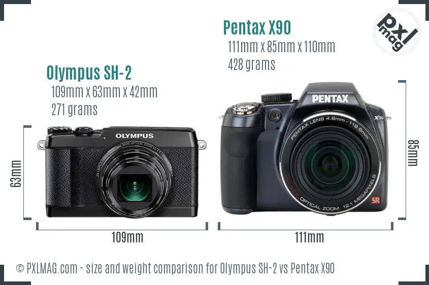 Olympus SH-2 vs Pentax X90 size comparison