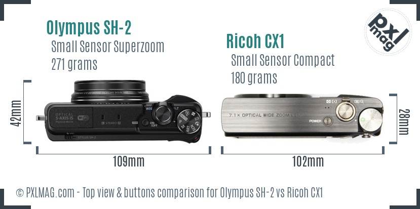 Olympus SH-2 vs Ricoh CX1 top view buttons comparison
