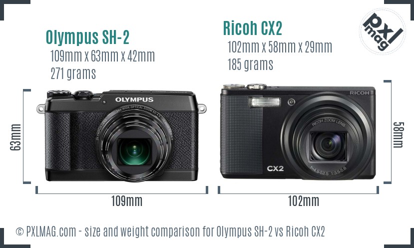 Olympus SH-2 vs Ricoh CX2 size comparison