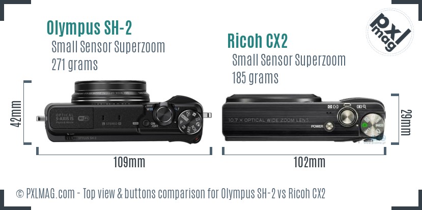 Olympus SH-2 vs Ricoh CX2 top view buttons comparison