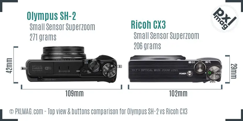 Olympus SH-2 vs Ricoh CX3 top view buttons comparison