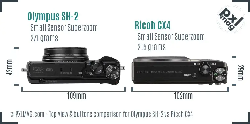 Olympus SH-2 vs Ricoh CX4 top view buttons comparison