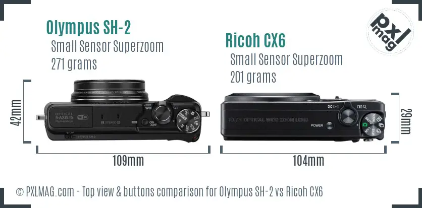 Olympus SH-2 vs Ricoh CX6 top view buttons comparison