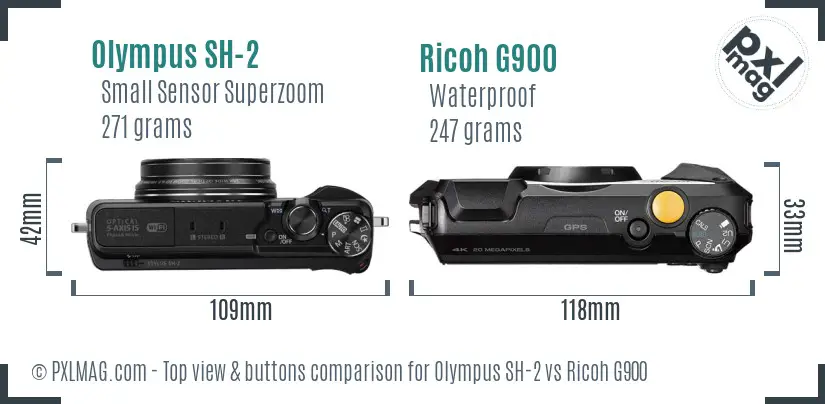 Olympus SH-2 vs Ricoh G900 top view buttons comparison Olympus SH-2 vs Ricoh G900 top view buttons comparison