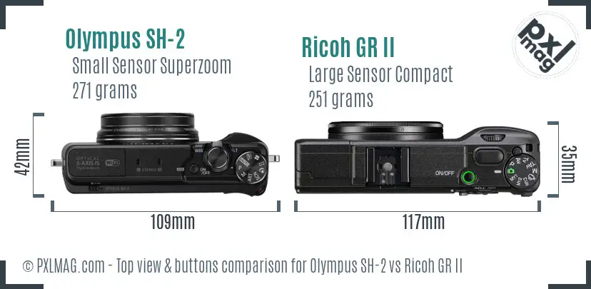 Olympus SH-2 vs Ricoh GR II top view buttons comparison