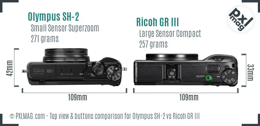 Olympus SH-2 vs Ricoh GR III top view buttons comparison