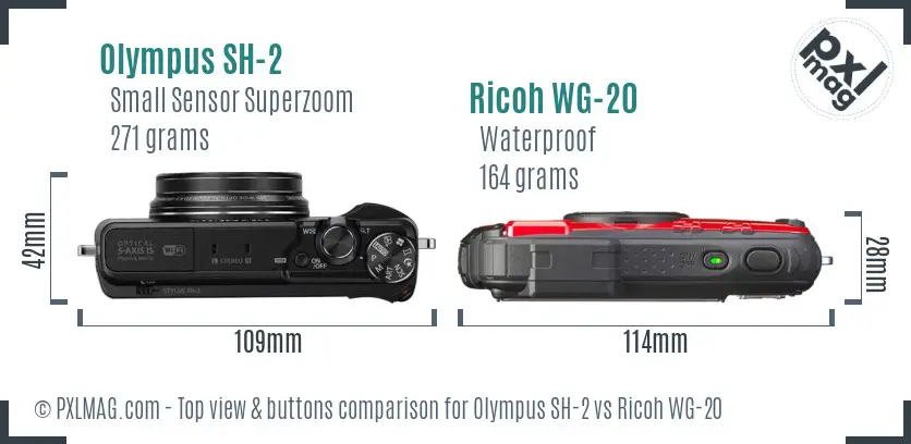 Olympus SH-2 vs Ricoh WG-20 top view buttons comparison