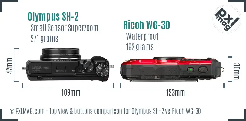 Olympus SH-2 vs Ricoh WG-30 top view buttons comparison Olympus SH-2 vs Ricoh WG-30 top view buttons comparison