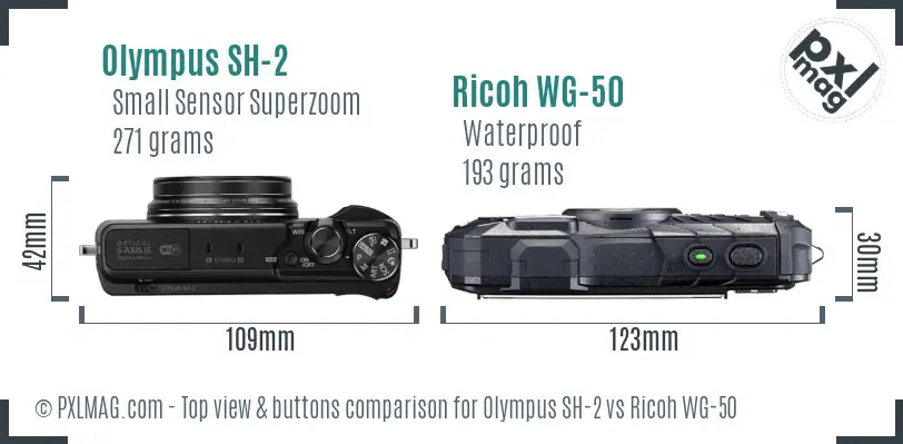 Olympus SH-2 vs Ricoh WG-50 top view buttons comparison