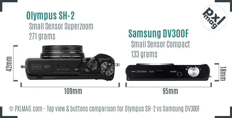 Olympus SH-2 vs Samsung DV300F top view buttons comparison