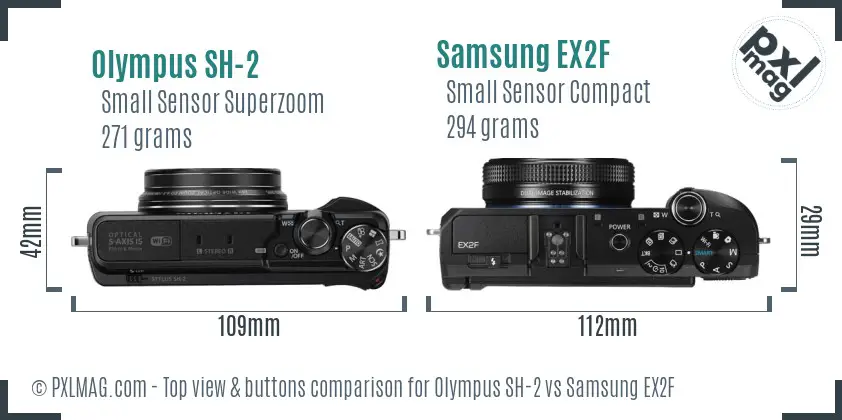 Olympus SH-2 vs Samsung EX2F top view buttons comparison