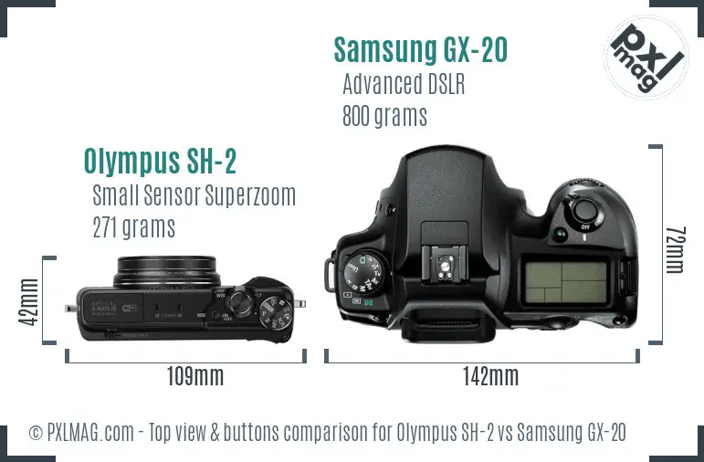 Olympus SH-2 vs Samsung GX-20 top view buttons comparison