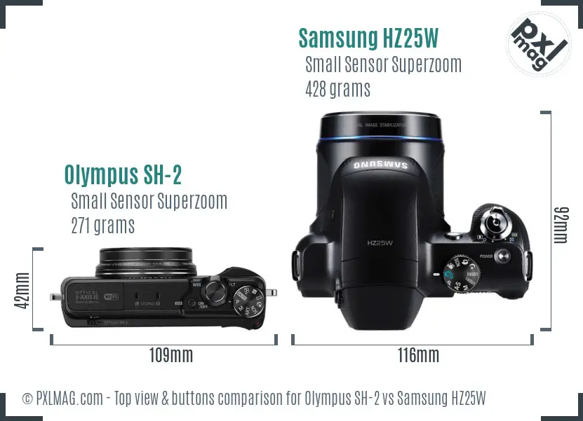 Olympus SH-2 vs Samsung HZ25W top view buttons comparison