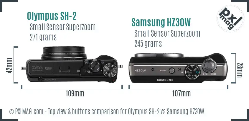 Olympus SH-2 vs Samsung HZ30W top view buttons comparison