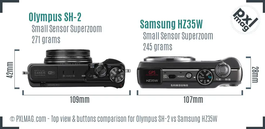 Olympus SH-2 vs Samsung HZ35W top view buttons comparison Olympus SH-2 vs Samsung HZ35W top view buttons comparison