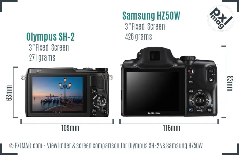 Olympus SH-2 vs Samsung HZ50W Screen and Viewfinder comparison