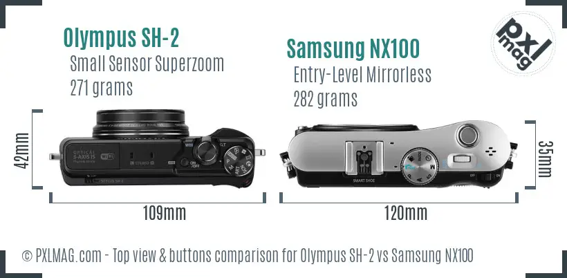 Olympus SH-2 vs Samsung NX100 top view buttons comparison