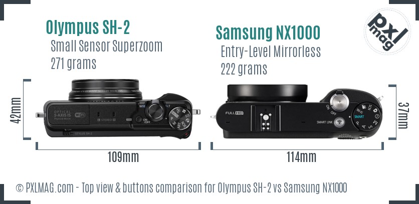 Olympus SH-2 vs Samsung NX1000 top view buttons comparison