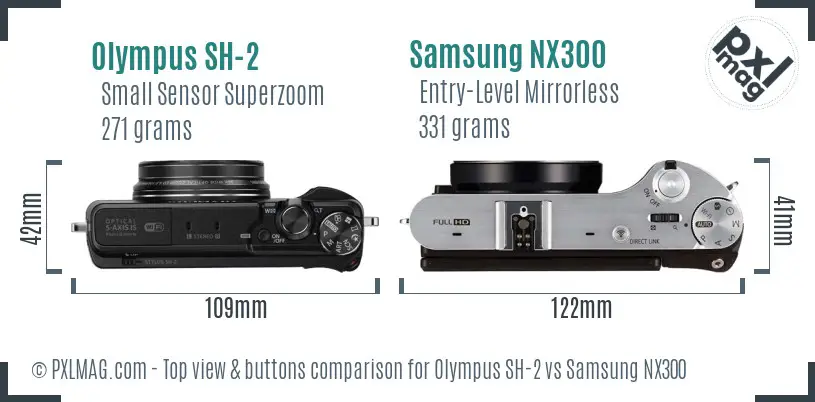 Olympus SH-2 vs Samsung NX300 top view buttons comparison Olympus SH-2 vs Samsung NX300 top view buttons comparison