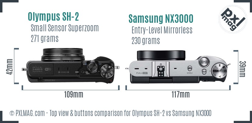 Olympus SH-2 vs Samsung NX3000 top view buttons comparison