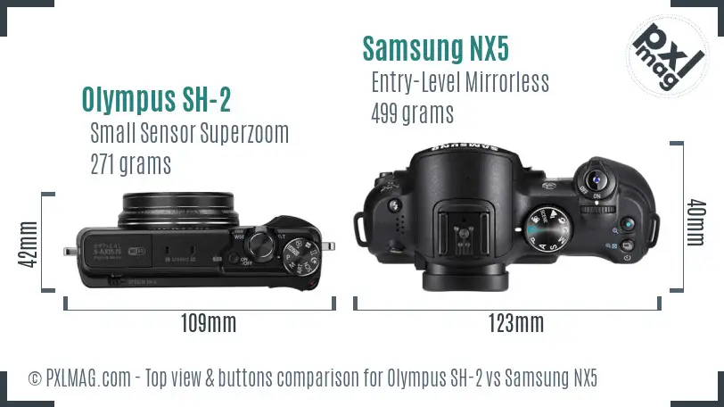 Olympus SH-2 vs Samsung NX5 top view buttons comparison