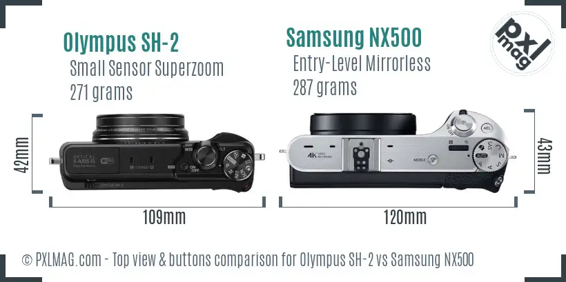 Olympus SH-2 vs Samsung NX500 top view buttons comparison