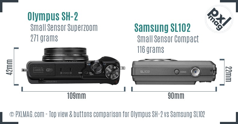 Olympus SH-2 vs Samsung SL102 top view buttons comparison