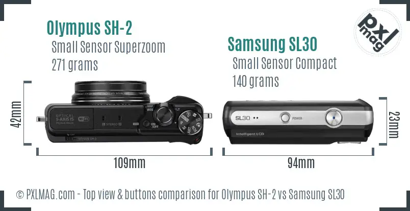 Olympus SH-2 vs Samsung SL30 top view buttons comparison