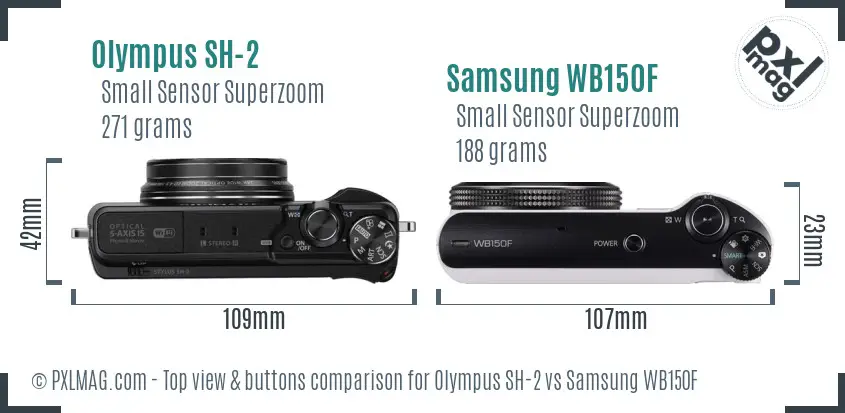 Olympus SH-2 vs Samsung WB150F top view buttons comparison Olympus SH-2 vs Samsung WB150F top view buttons comparison