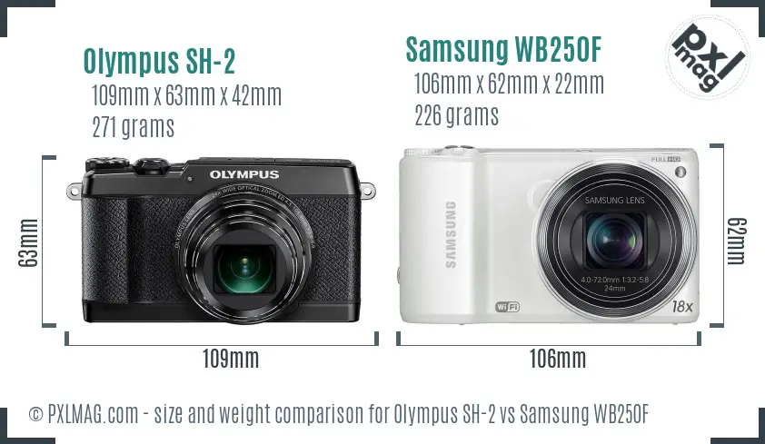 Olympus SH-2 vs Samsung WB250F size comparison