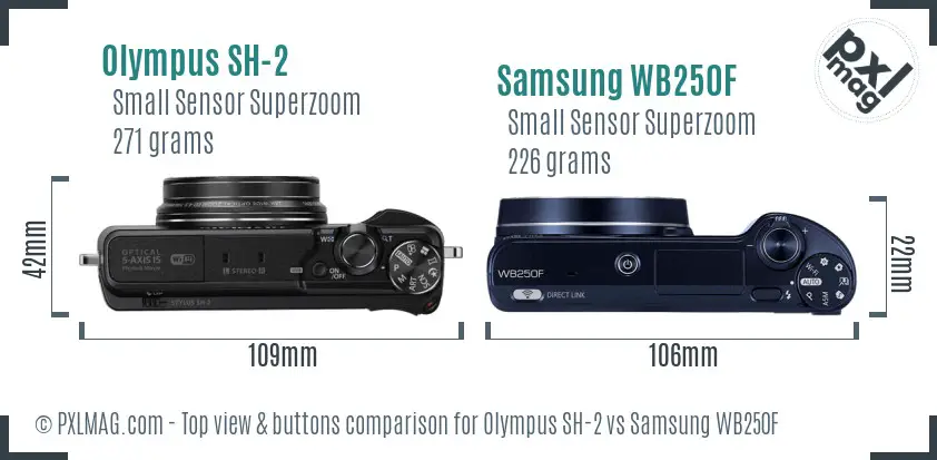Olympus SH-2 vs Samsung WB250F top view buttons comparison