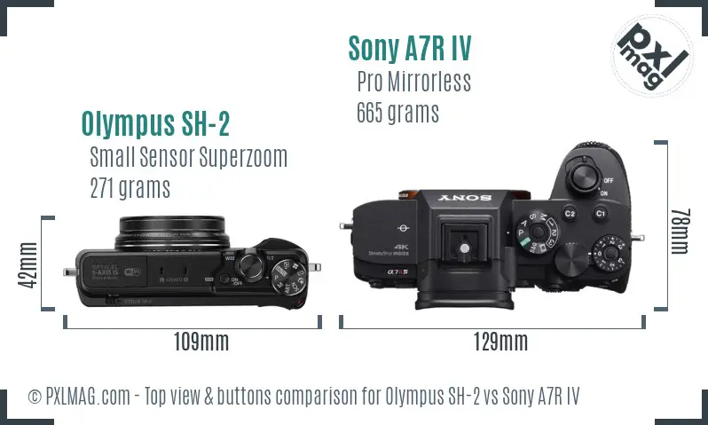 Olympus SH-2 vs Sony A7R IV top view buttons comparison Olympus SH-2 vs Sony A7R IV top view buttons comparison