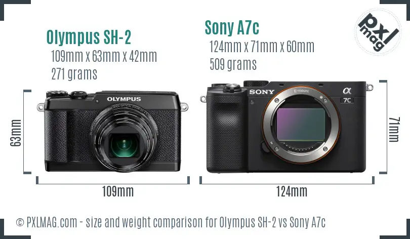 Olympus SH-2 vs Sony A7c size comparison