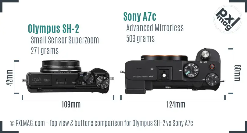 Olympus SH-2 vs Sony A7c top view buttons comparison