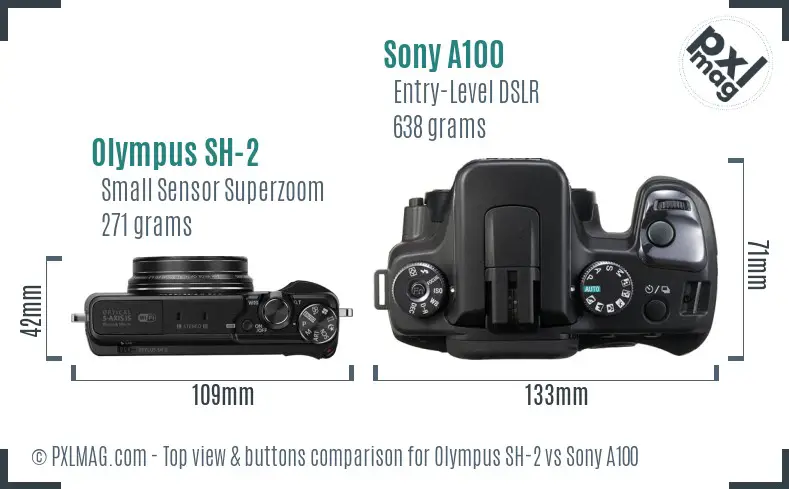 Olympus SH-2 vs Sony A100 top view buttons comparison