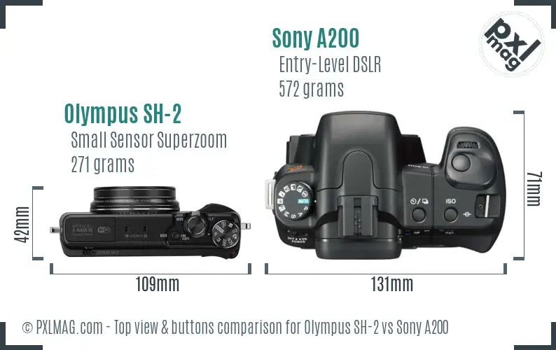 Olympus SH-2 vs Sony A200 top view buttons comparison