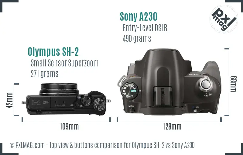Olympus SH-2 vs Sony A230 top view buttons comparison